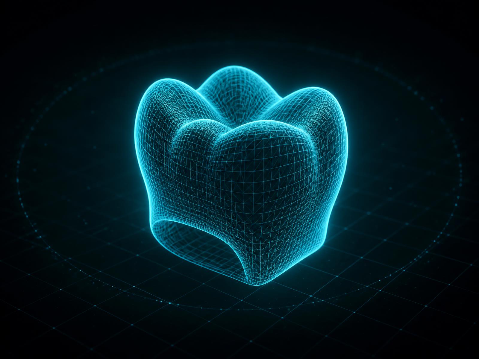 Glowing 3D wireframe model of a dental crown