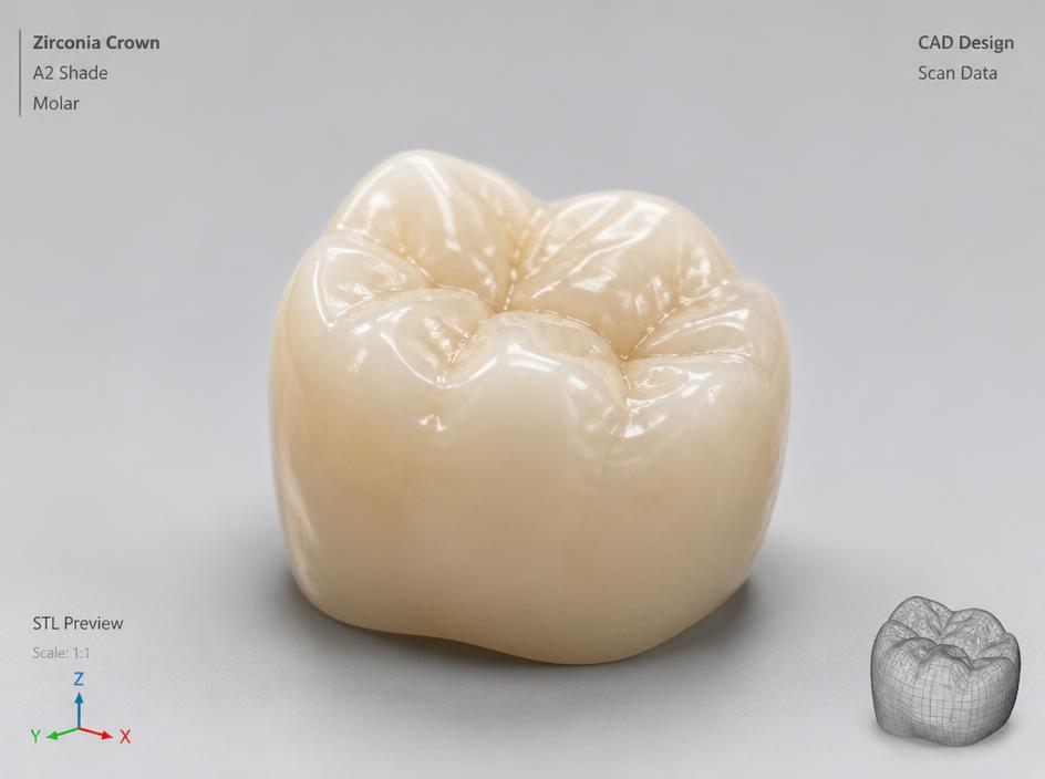 Photorealistic render of a zirconia dental crown scan